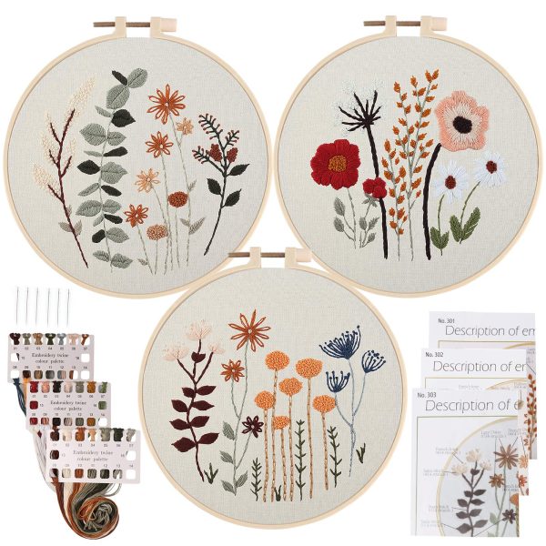 主图_01 3 Pack Embroidery Starter Kit for Beginners Stamped Cross Stitch Kits with Cute Flowers and Plants Patterns with 1 Embroidery Hoop and Color Threads for Adults
