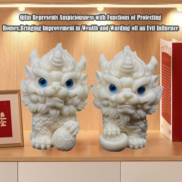 2pcs Ivory Fruit Finish of Kylin Sculpture Ornament for Home Office Decor,Housewarming Gardon Decoration Pi Xiu Figurine,White Feng Shui Foo Dog Statue,Chinese Traditional Feng Shui Energy Ornament