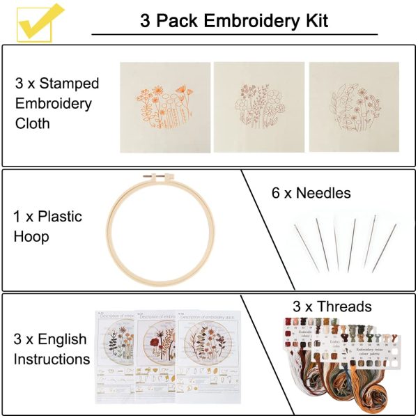 主图_03 3 Pack Embroidery Starter Kit for Beginners Stamped Cross Stitch Kits with Cute Flowers and Plants Patterns with 1 Embroidery Hoop and Color Threads for Adults