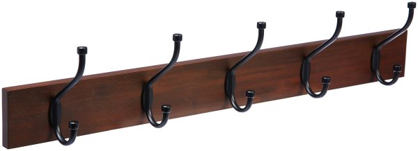 Basics Rectangular Wall-Mounted Farmhouse Coat Rack, 5 Hook, Light Walnut