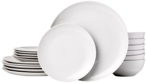 主图_01 Basics Dinnerware Set, Microwave and Dishwasher Safe, Service for 6, 18-Piece Complete Kitchen, Plates, Dishes, Bowls, White Porcelain Coupe