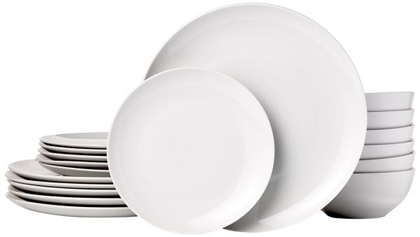 Basics Dinnerware Set, Microwave and Dishwasher Safe, Service for 6, 18-Piece Complete Kitchen, Plates, Dishes, Bowls, White Porcelain Coupe