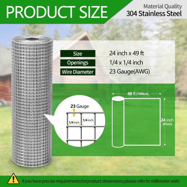 Hardware Cloth 1/4 inch 23 Gauge Large Size 304 Stainless Steel mesh Chicken Wire Welded Fencing Wire Mesh Roll Garden Fence 24in×49ft