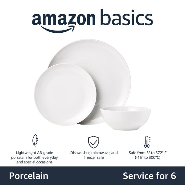 Basics Dinnerware Set, Microwave and Dishwasher Safe, Service for 6, 18-Piece Complete Kitchen, Plates, Dishes, Bowls, White Porcelain Coupe