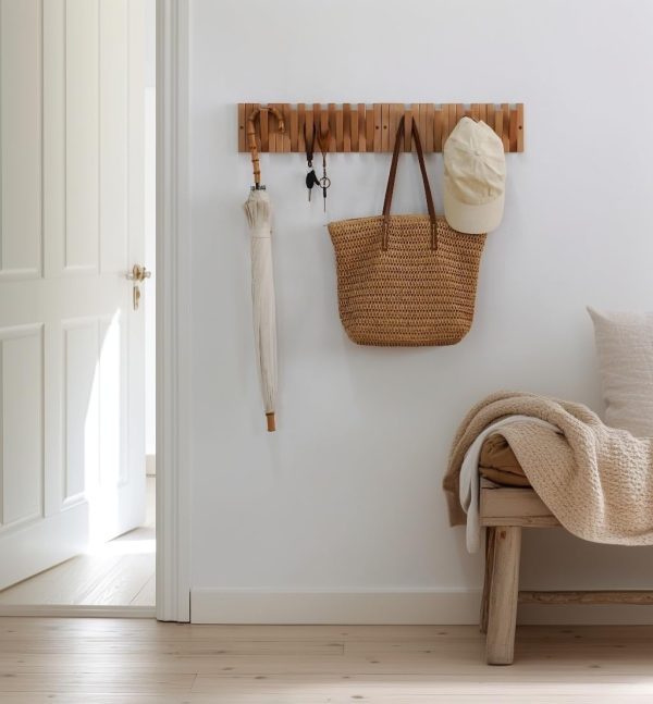 Coat & Hat Hooks Wall Mount with Key Holder, Wall Mounted Coat Rack with 9 Retractable Hangers, Solid Wood Slim Key Holder for Entryway, 17in Natural Finish