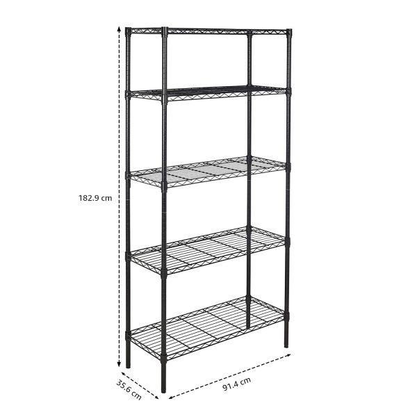 Basics 5-Shelf Adjustable Heavy Duty Steel Wire Rack Storage Shelving Organizer for Kitchen, Garage, 36" L x 14" W x 72" H, Black