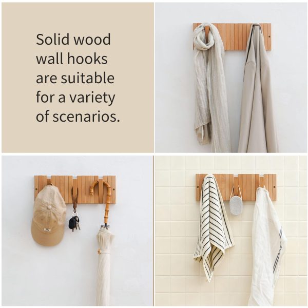 Coat & Hat Hooks Wall Mount with Key Holder, Wall Mounted Coat Rack with 9 Retractable Hangers, Solid Wood Slim Key Holder for Entryway, 17in Natural Finish