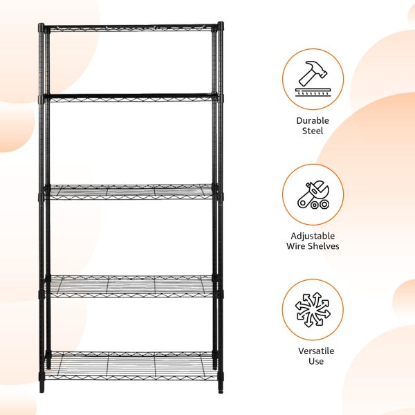 Basics 5-Shelf Adjustable Heavy Duty Steel Wire Rack Storage Shelving Organizer for Kitchen, Garage, 36" L x 14" W x 72" H, Black