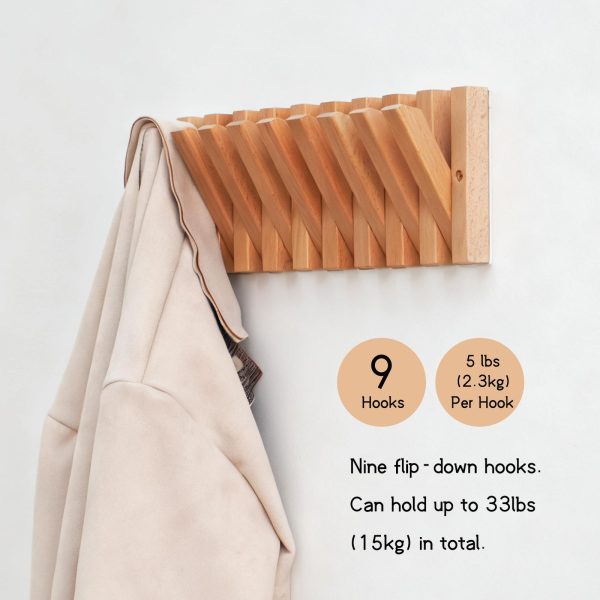 Coat & Hat Hooks Wall Mount with Key Holder, Wall Mounted Coat Rack with 9 Retractable Hangers, Solid Wood Slim Key Holder for Entryway, 17in Natural Finish