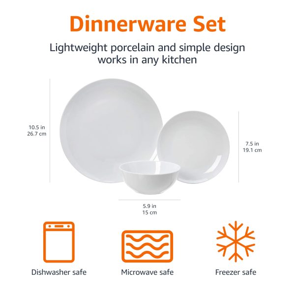 Basics Dinnerware Set, Microwave and Dishwasher Safe, Service for 6, 18-Piece Complete Kitchen, Plates, Dishes, Bowls, White Porcelain Coupe