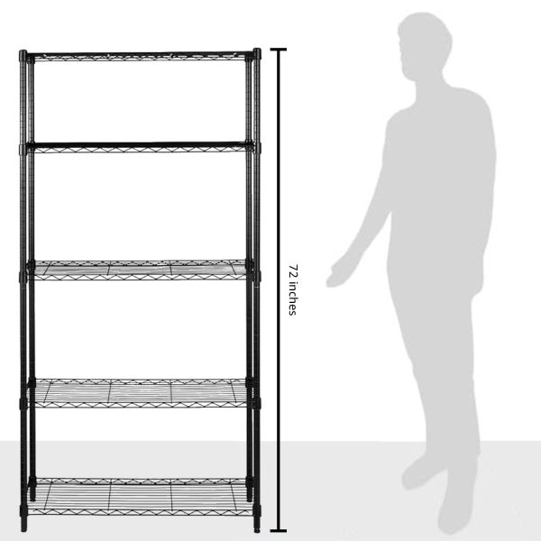 Basics 5-Shelf Adjustable Heavy Duty Steel Wire Rack Storage Shelving Organizer for Kitchen, Garage, 36" L x 14" W x 72" H, Black