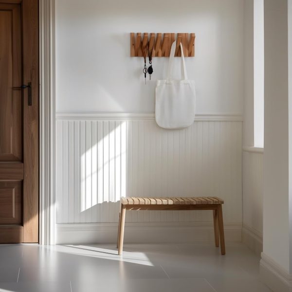 Coat & Hat Hooks Wall Mount with Key Holder, Wall Mounted Coat Rack with 9 Retractable Hangers, Solid Wood Slim Key Holder for Entryway, 17in Natural Finish